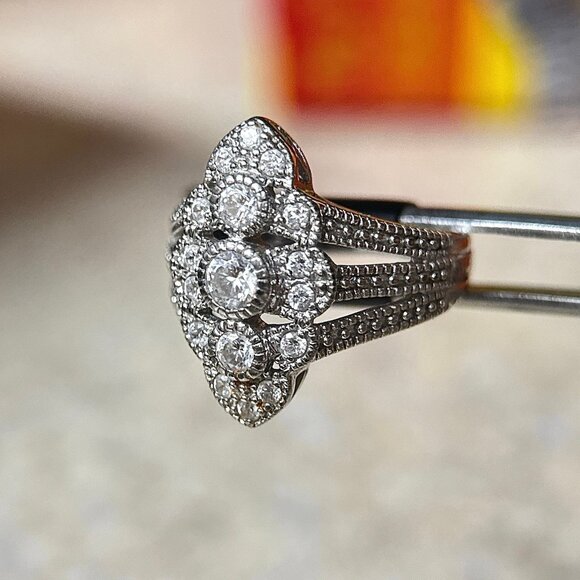 Art Deco Style Cluster Cz 925 Silver Ring - Picture 4 of 8